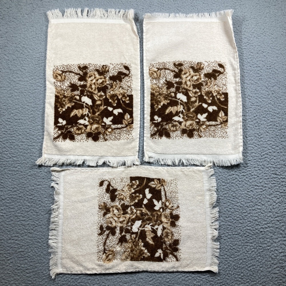 Vintage Cannon Bath Hand Towels Lot Of 3 Beige Brown 17x11 inches‎ Made in USA